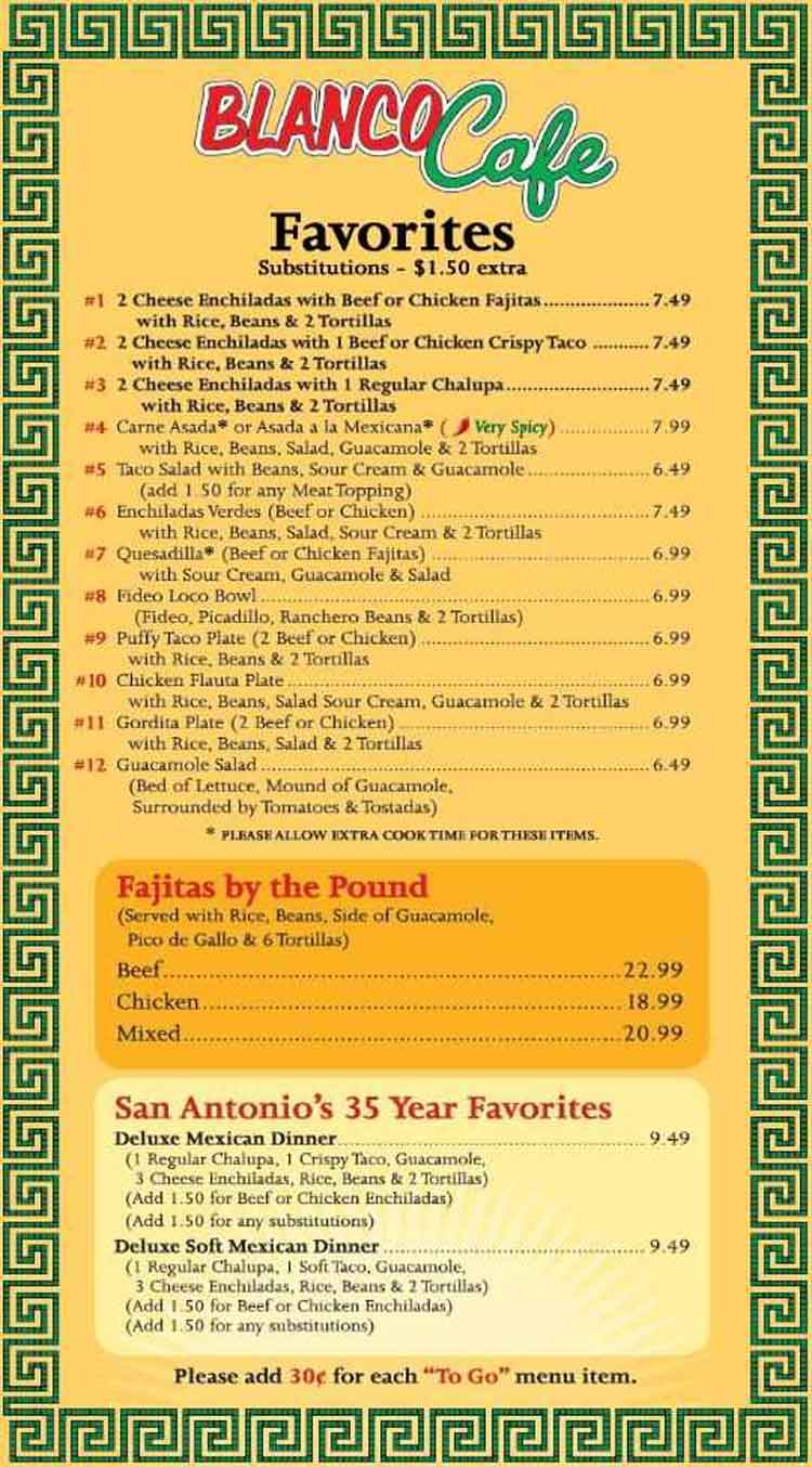 Blanco Cafe Restaurant Menu San Antonio