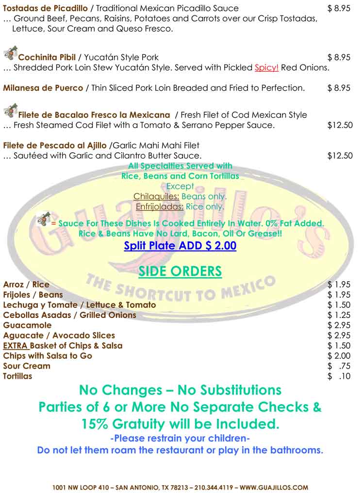 Guajillos Mexican Restaurant Menu