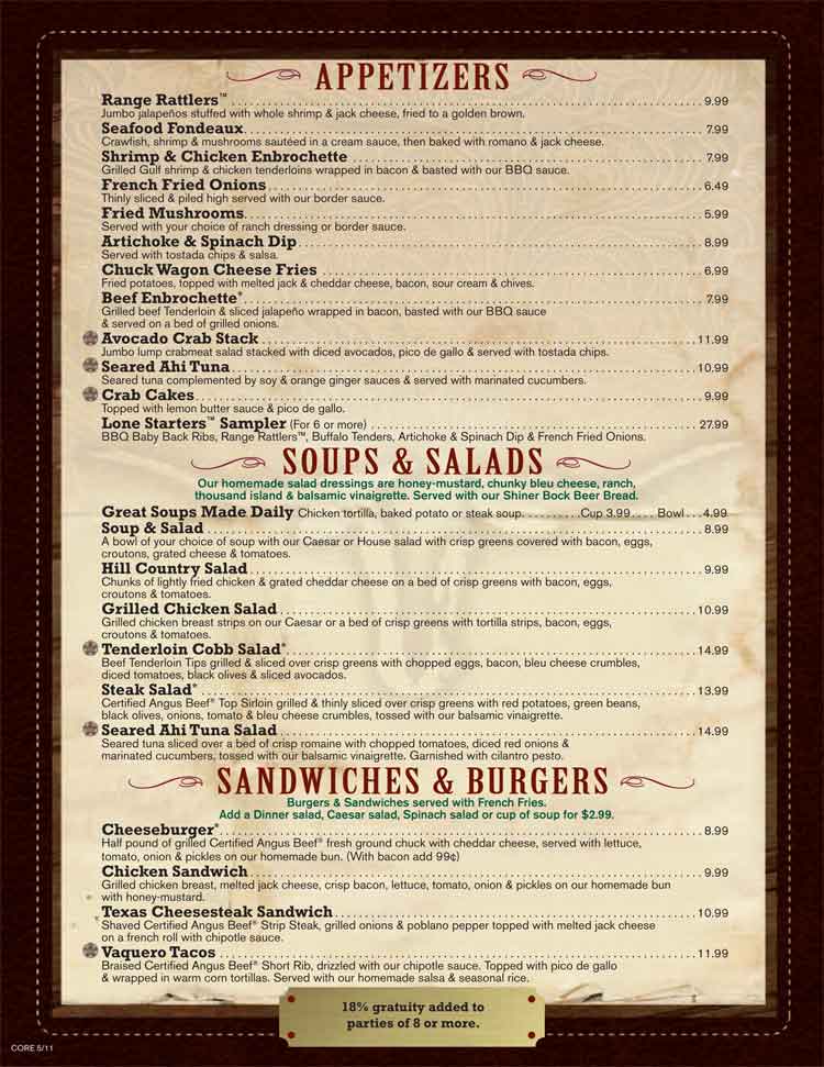 Saltgrass Steakhouse Menu in San Antonio Texas