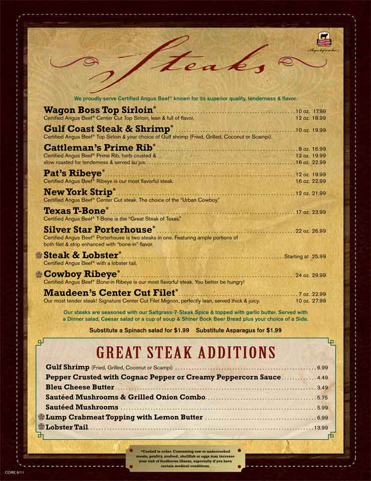 Saltgrass Steakhouse Menu in San Antonio Texas