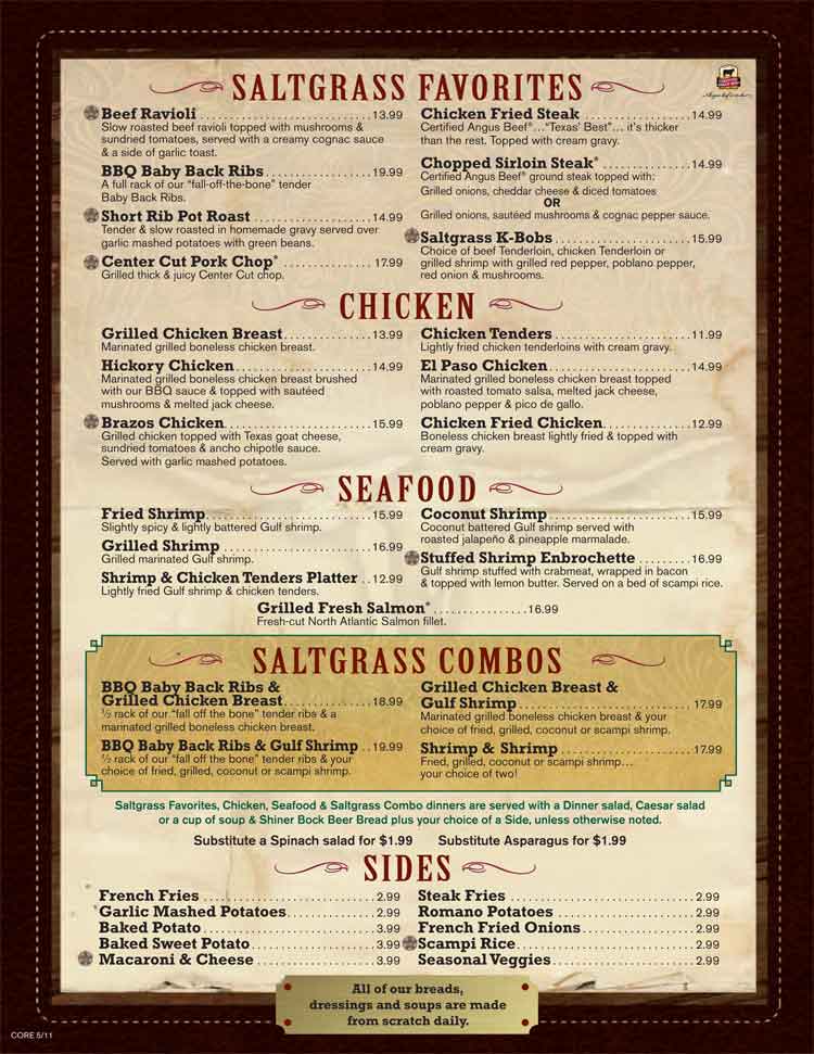 Saltgrass Steakhouse Menu in San Antonio Texas