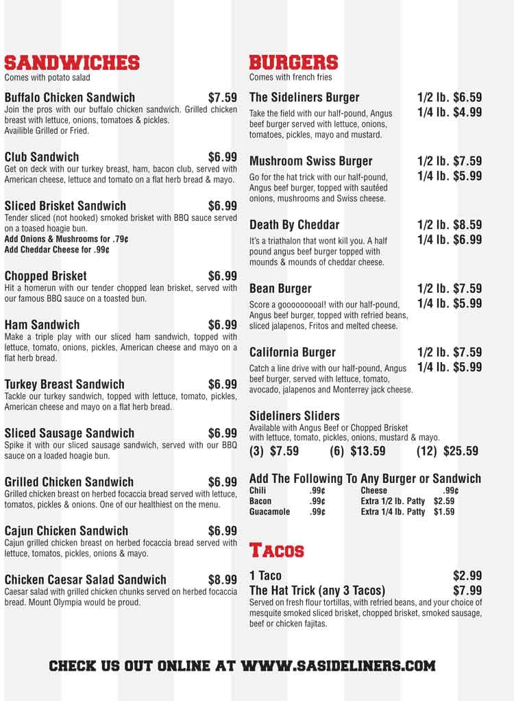 Sideliners Dinner Menu San Antonio Texas