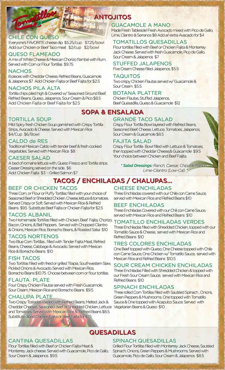 Tomatillos Restaurant Menu in San Antonio