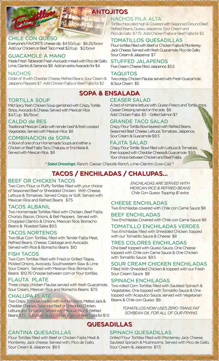 Tomatillos Restaurant Menu in San Antonio