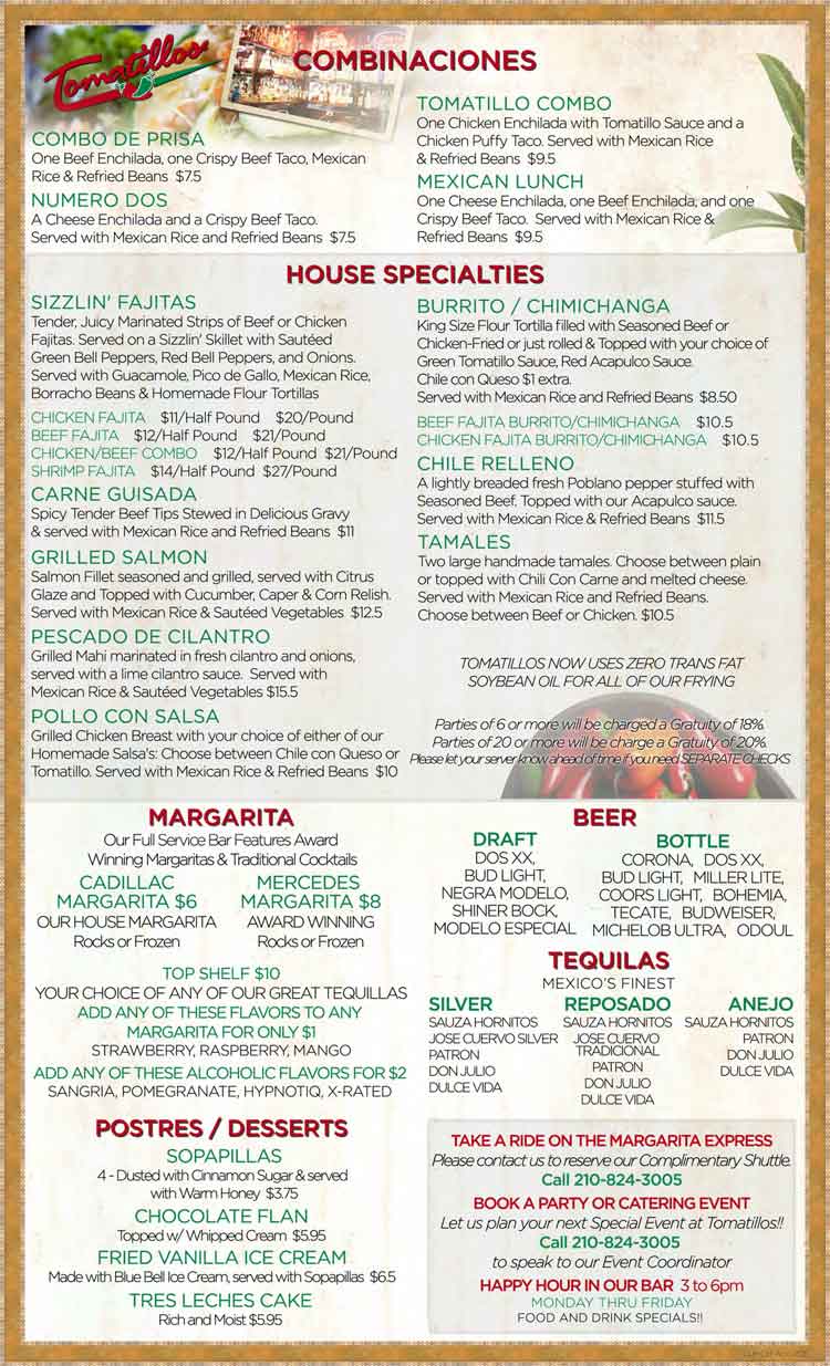 Tomatillos Restaurant Menu in San Antonio