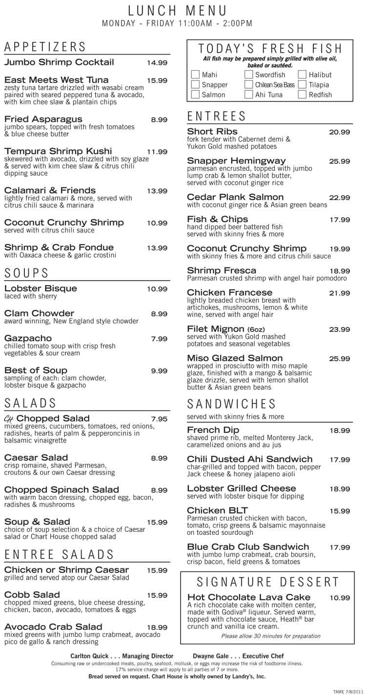 Chart House Restaurant Menu Downtown San Antonio