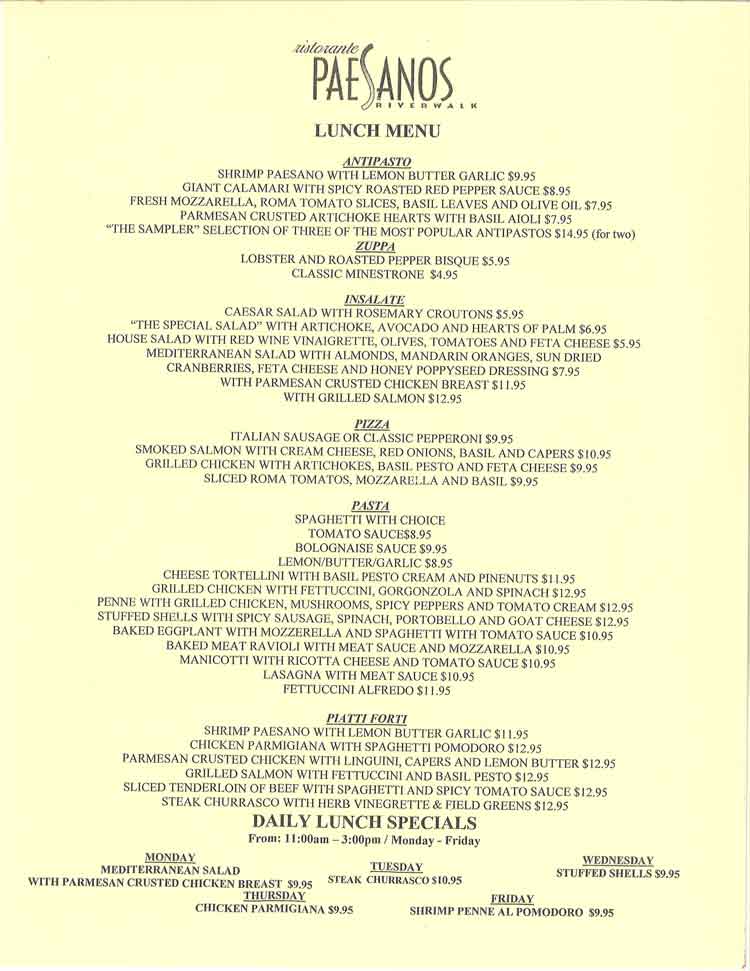 Paesanos Italian Restaurant Menu