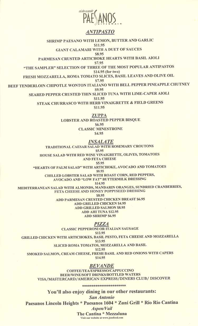 Paesanos Italian Restaurant Menu